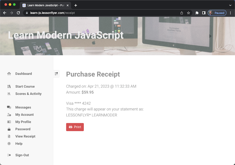 View purchase receipt screen in the student dashboard.