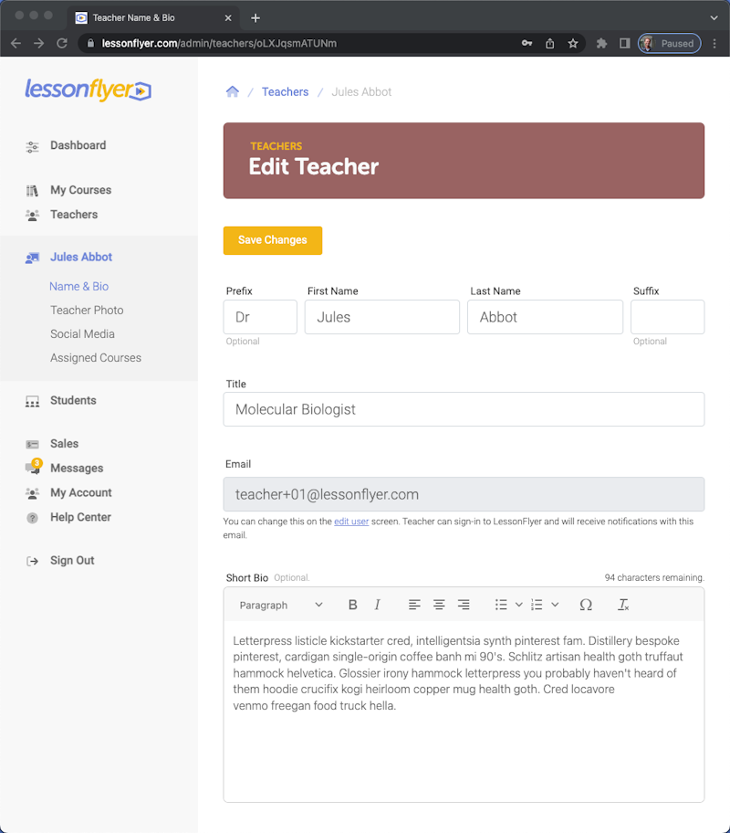 Edit teacher name and bio screen.