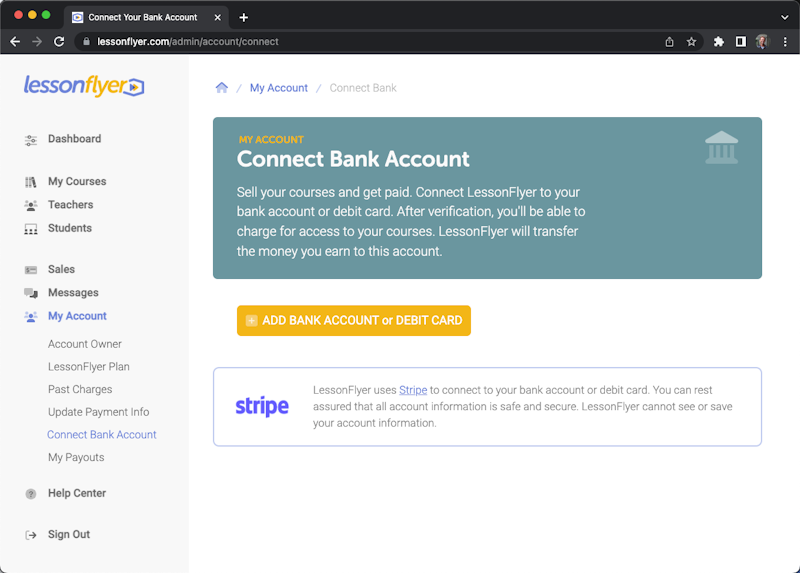 LessonFlyer Connect Bank Account screen.
