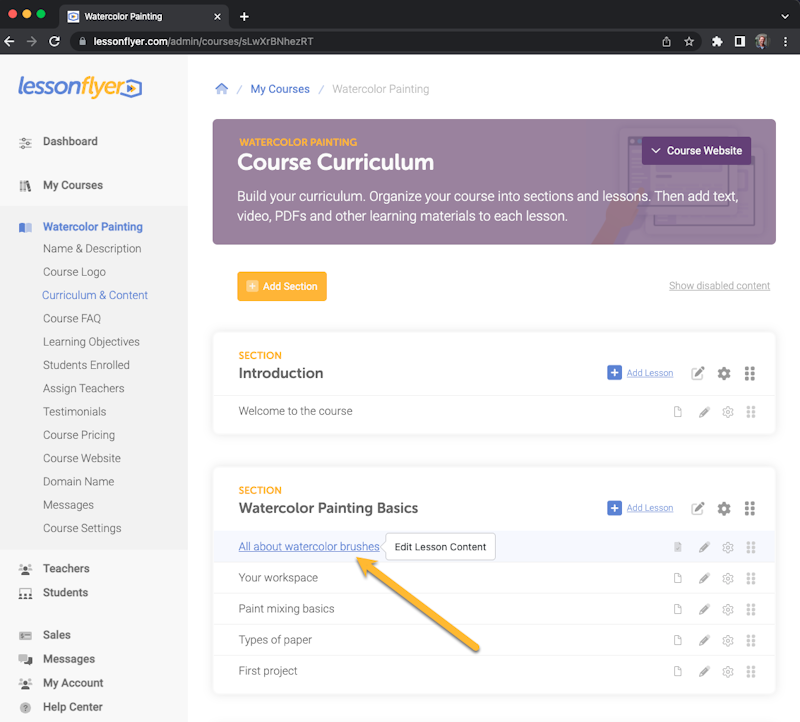 Click a lesson on the course curriculum screen to edit its content.