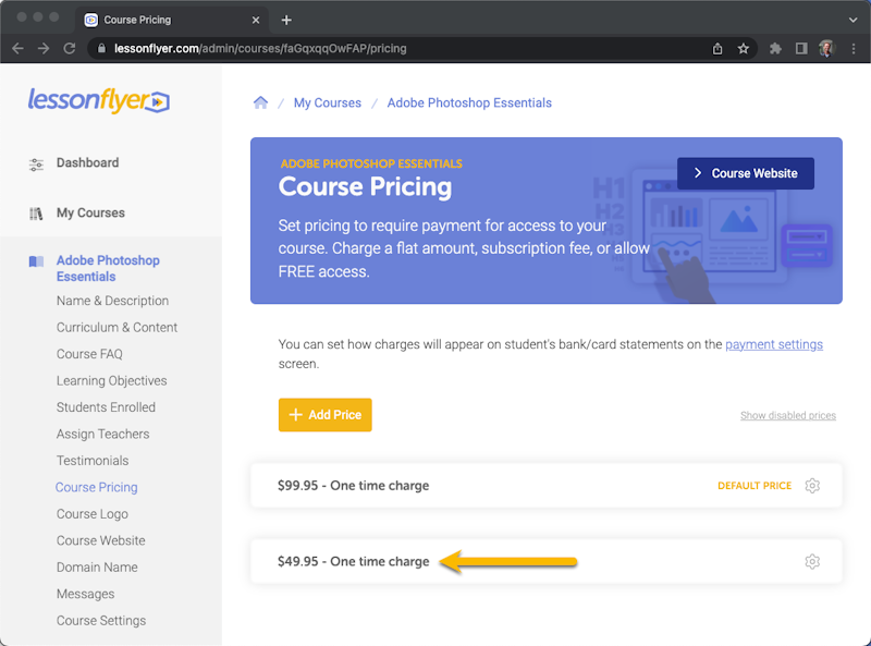 Add a new offer price for your course.