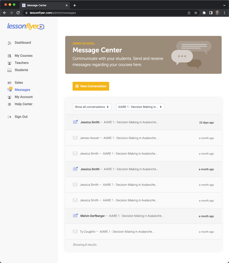 Message Center in the LessonFlyer admin panel.