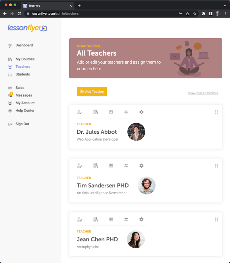 Teachers section of the LessonFlyer admin panel.