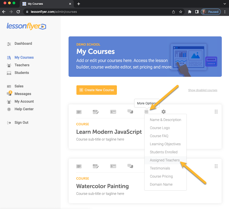 More options menu on the My Courses screen.