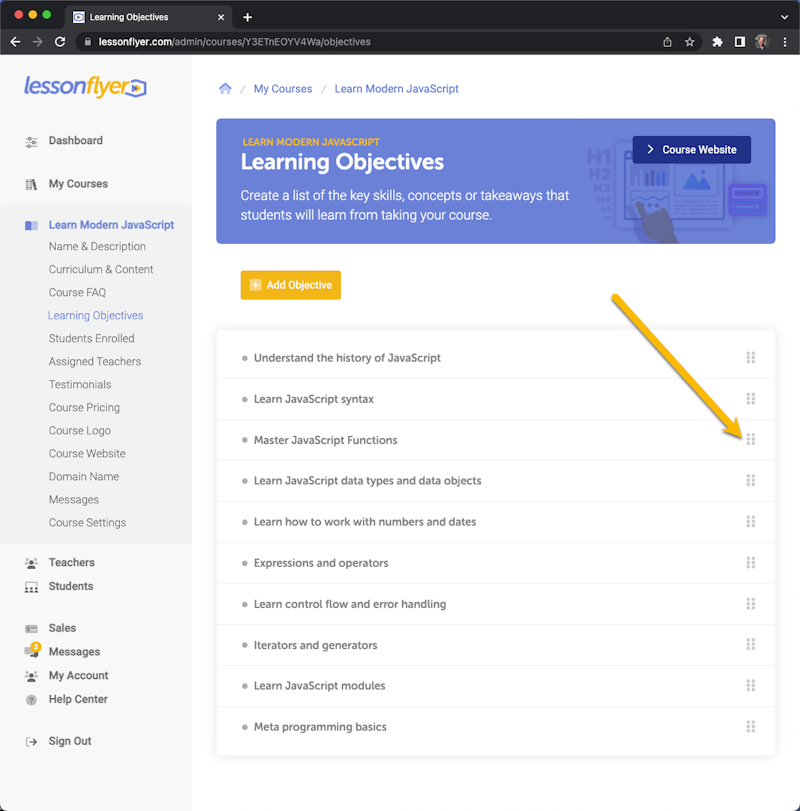 View, sort, edit or delete Learning Objectives.