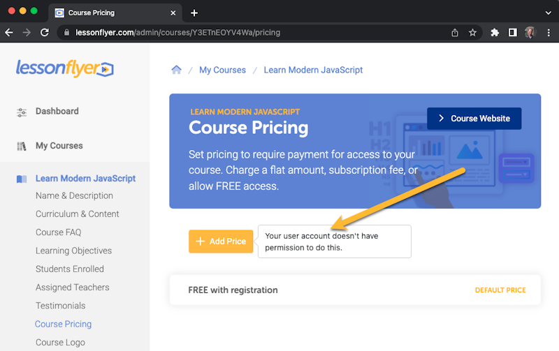 Teacher users can't add or change course pricing.