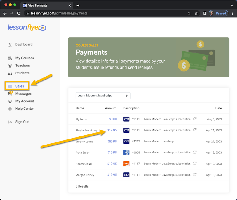 View Payments screen: Click a payment to view its details and see refund options.