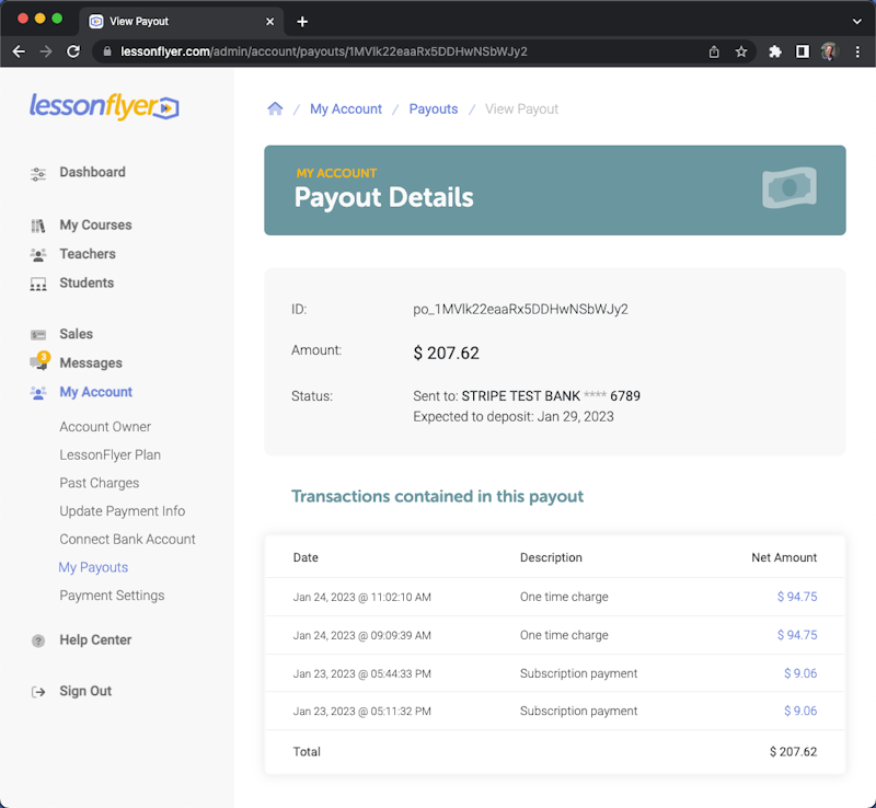View payout details screen