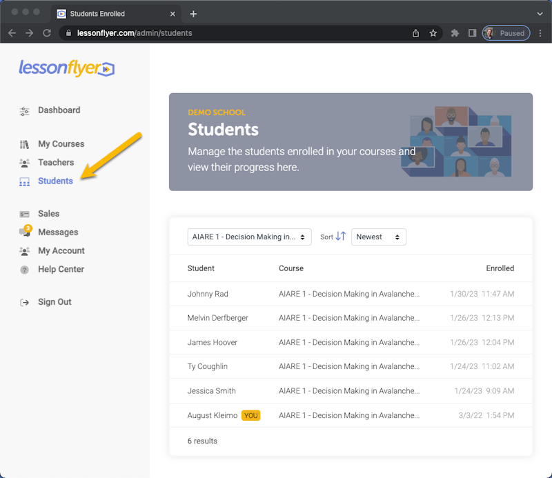 Students section in LessonFlyer admin panel