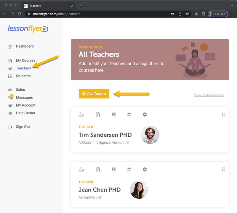 View Teachers screen in LessonFlyer admin panel.