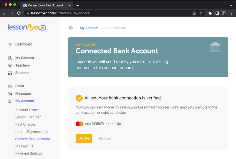 My Account: Connect Bank: Verified screen.