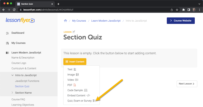 Insert Content menu: Add Quiz, Exam or Survey option.
