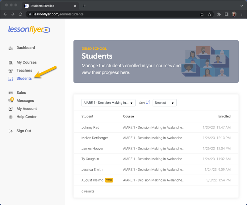 View and manage your students in the LessonFlyer admin panel.